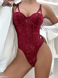 CHILLGIO Sexy Women Floral Lace Strappy Bodysuits Fashion Mesh Patchwork Combination Catsuits Korean Ins Tight One Piece Rompers
