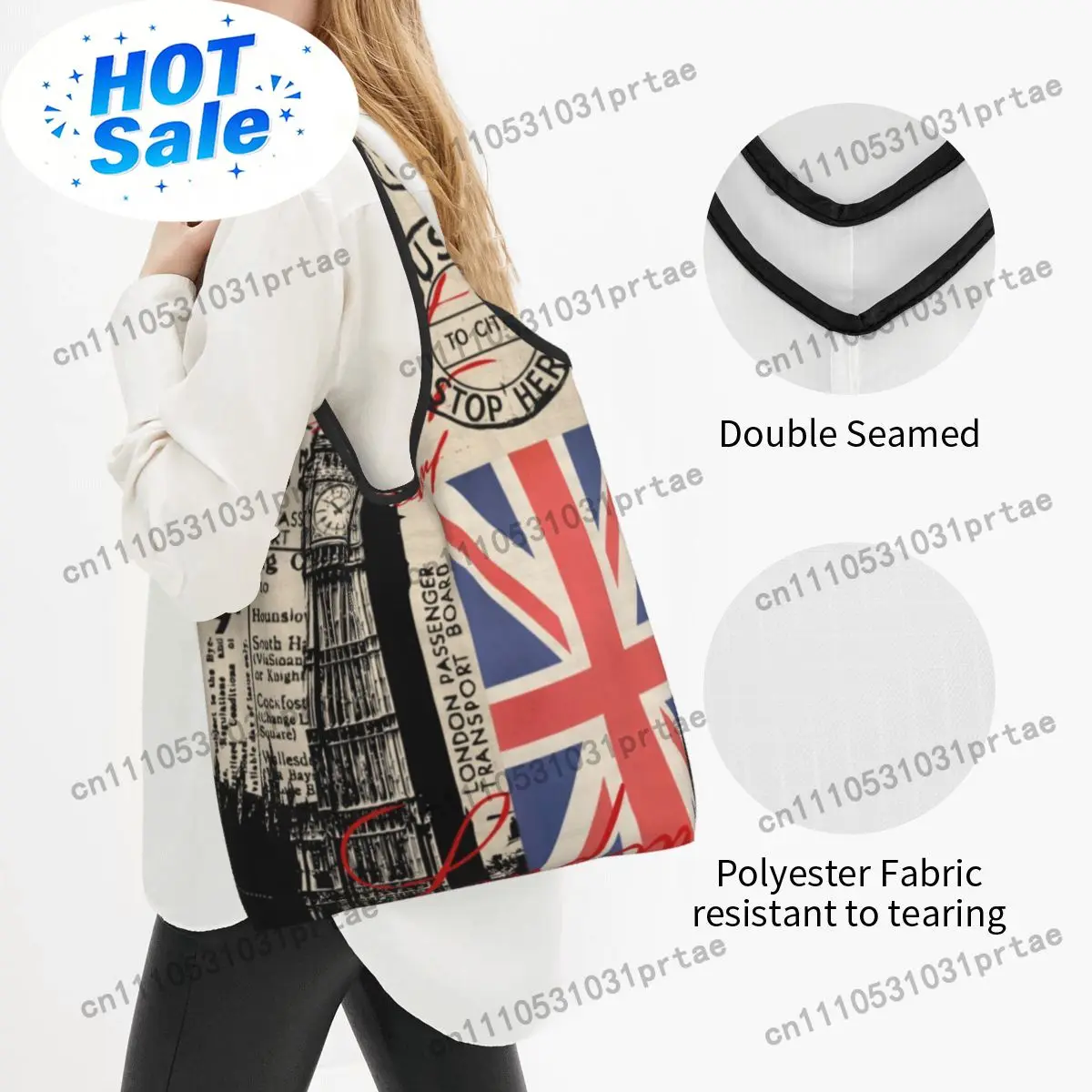 Custom Retro Vintage London Groceries Shopping Bag Funny Shopper Tote Shoulder Bag Big Capacity Portable UK British Flag Handbag view 2