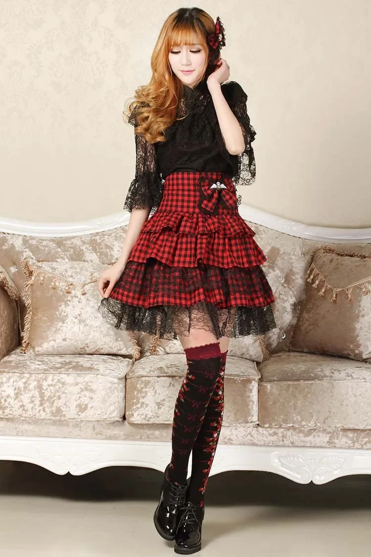 Sweet Y2K Skirt College Style Punk Plaid Black and Red Layered Short Skirt