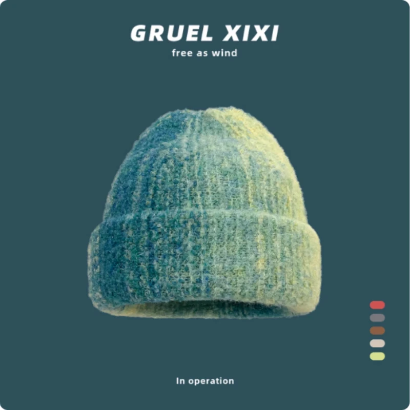 Korean Gradient Striped Warm Knitted Cold Hat Winter Outdoor Big Head Ear Protection Warm Skull Beanie Caps for Men and Women