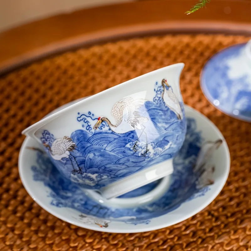 Jingdezhen Qitang Antique Mud Blue and White Sea Crane Household Handmade Ceramic Gaiwan Tea Making Device Set