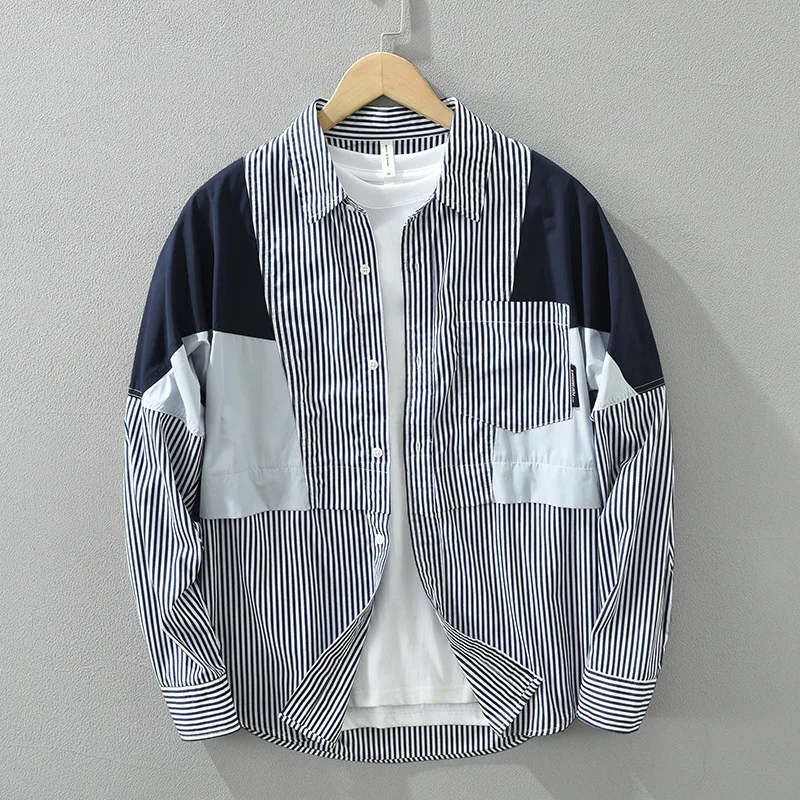 

Мужская свободная рубашка с длинным рукавом в полоску, модная, в стиле пэчворк, повседневная, универсальная, из хлопка, с классическим воротником, в стиле CleanFit, летняя