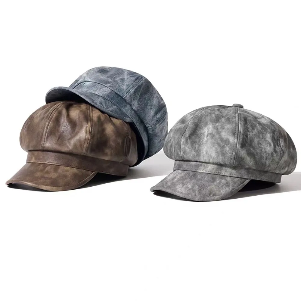 

Retro British Style Pu Leather Beret Autumn Winter Black Brown Painter Hat Casual Octagonal Cap Artist Cap Lady