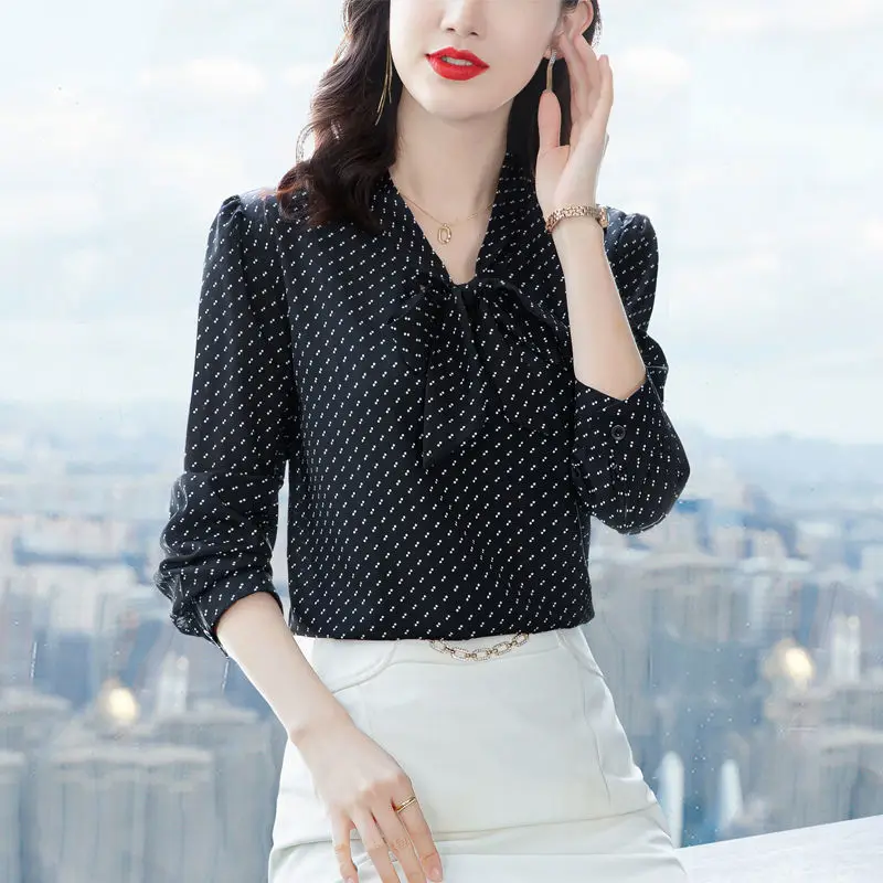 Polka Dot Black Chiffon Shirt Female 2023 Spring Autumn Office Lady Scarf Collar Bow Bandage Long Sleeve Pullover Blouse