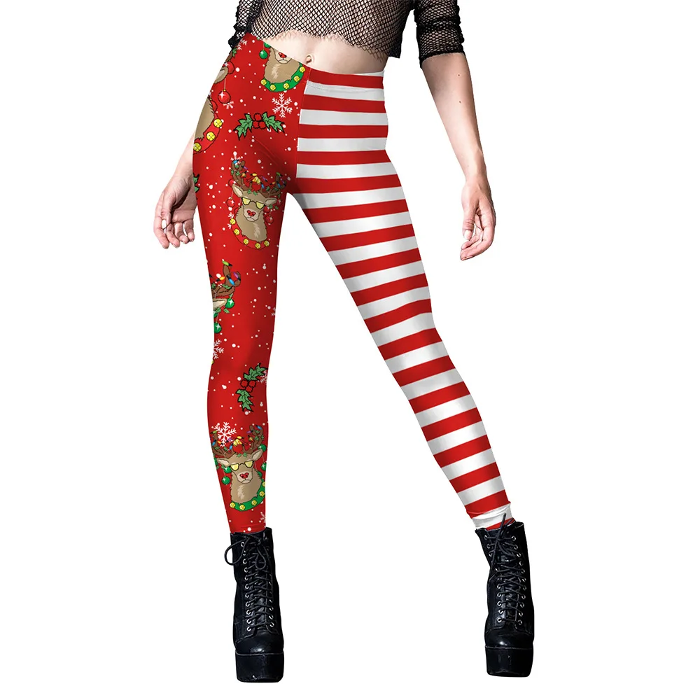 Women's Holiday Striped Graphic Skinny Leggings Stretch High Waist Full Length Printed Tight Pants for Christmas Party Outfits
