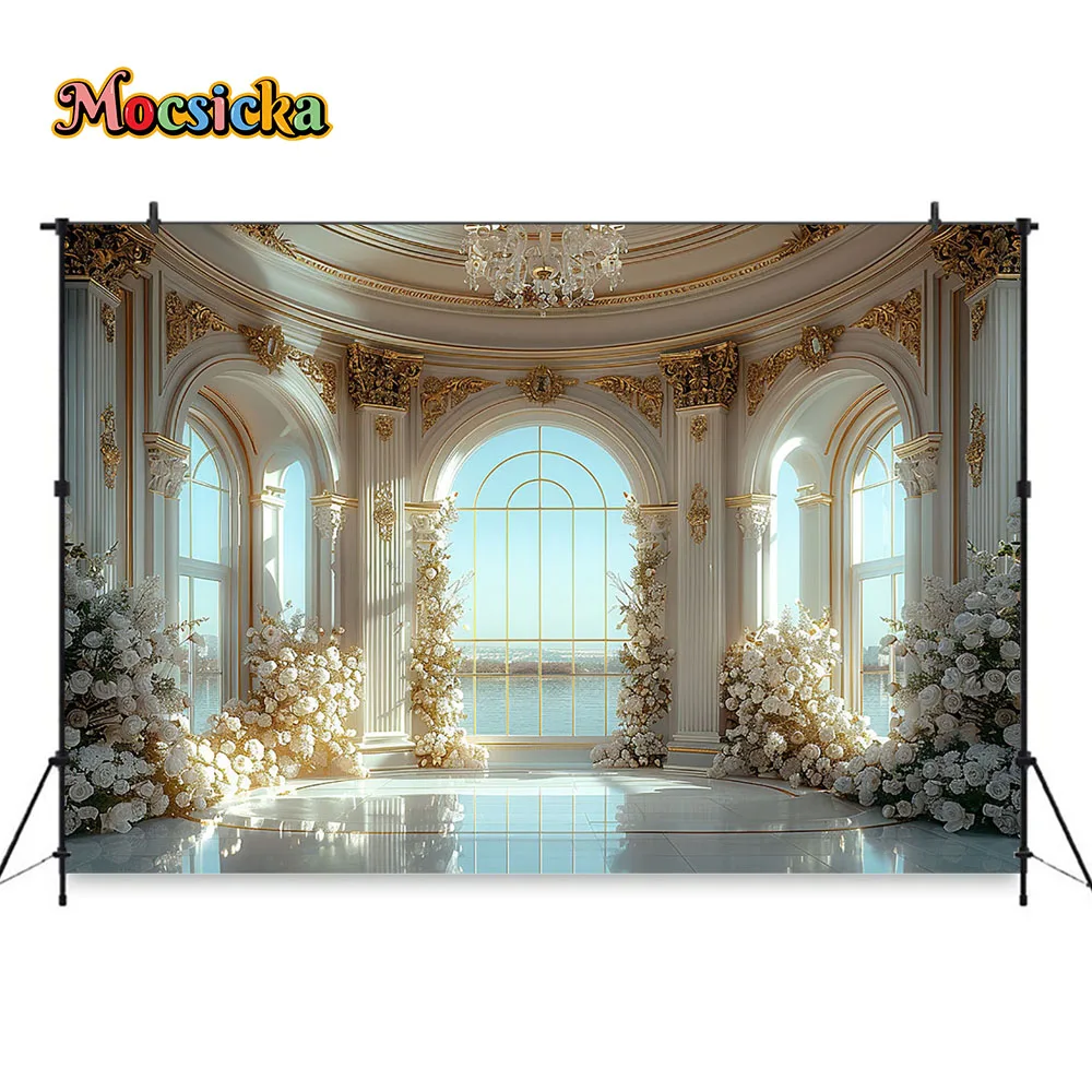 White Aesthetic Church Background Photography Studio Arched Window Green Leaves Backdrop Decor Girl Wedding Woman Art Photozone