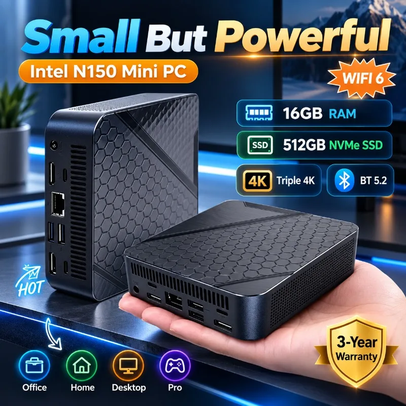 Mini PC Intel N150 16GB M2 NVMe SSD 512GB 1TB Triple 4K WiFi6 BT52 Silent Cooling Office Home Desktop Pro Ultra New Slim HD PC