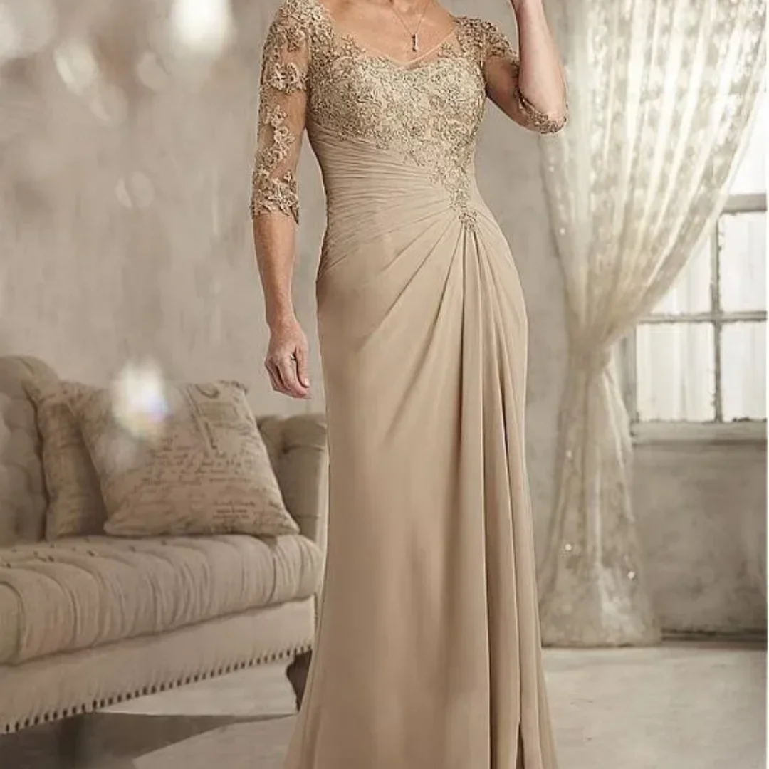 

Элегантное шифоновое вечернее платье больших размеров с короткими рукавами для жениха и мамы на свадьбу, кружевное платье цвета шампанского с бисером, платья для матери невесты