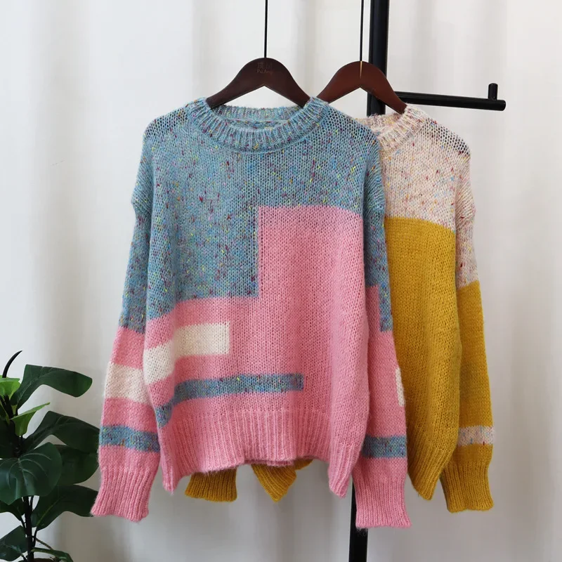 

Colorblock Sweater Pullover O-Neck Soft Loose Knit Top Long Sleeve Multi Color Jumper Knitwear Autumn/Winter Woman Clothing