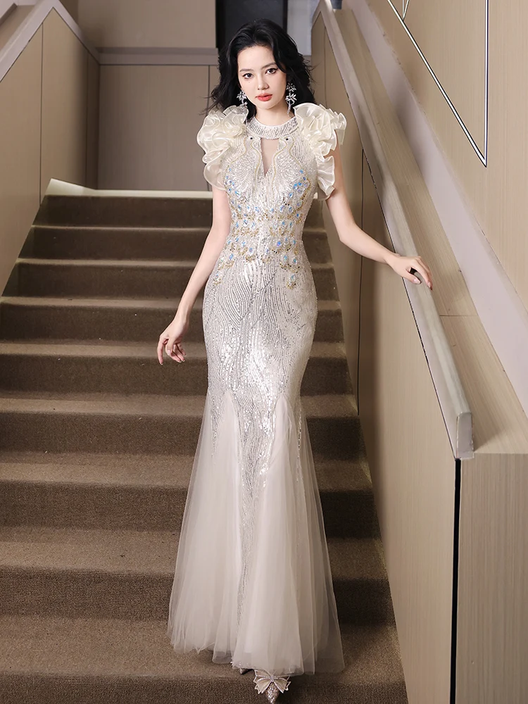 

Элитное вечернее платье 2025 с блестящими пайетками и тяжелой вышивкой, модное, с U-образным вырезом, длинным шлейфом, для свадеб и торжественных мероприятий