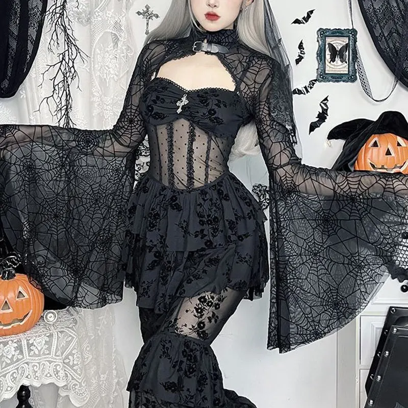Vintage Spider Web Smock Shirts Spring Autumn Dark Gothic Flare Long Sleeve Female Clothing Stand Collar Halloween Short Blouse