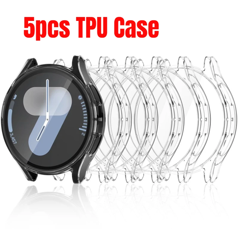 5 Stück TPU-Hülle für Samsung Galaxy Watch 7-6-5-4-FE 40 mm 44 mm, vollständiger Schutz, Silikon-Stoßfänger, Displayschutzfolie, Zubehör