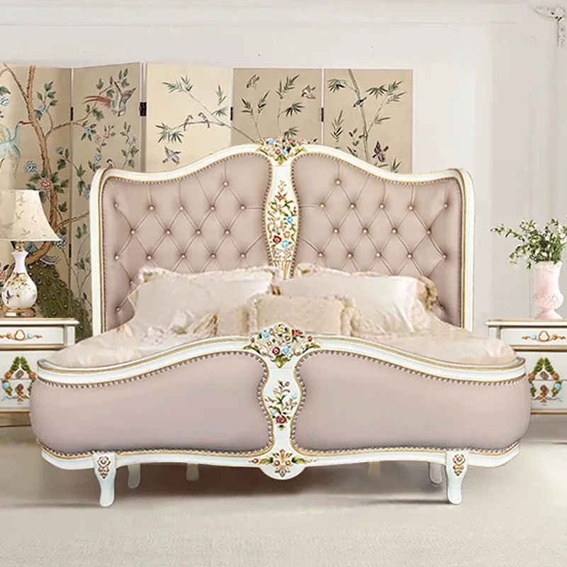 European style all solid wood leather bed princess girl bedroom big bed 1.5m 1.8m 2.m white master bedroom bed furniture