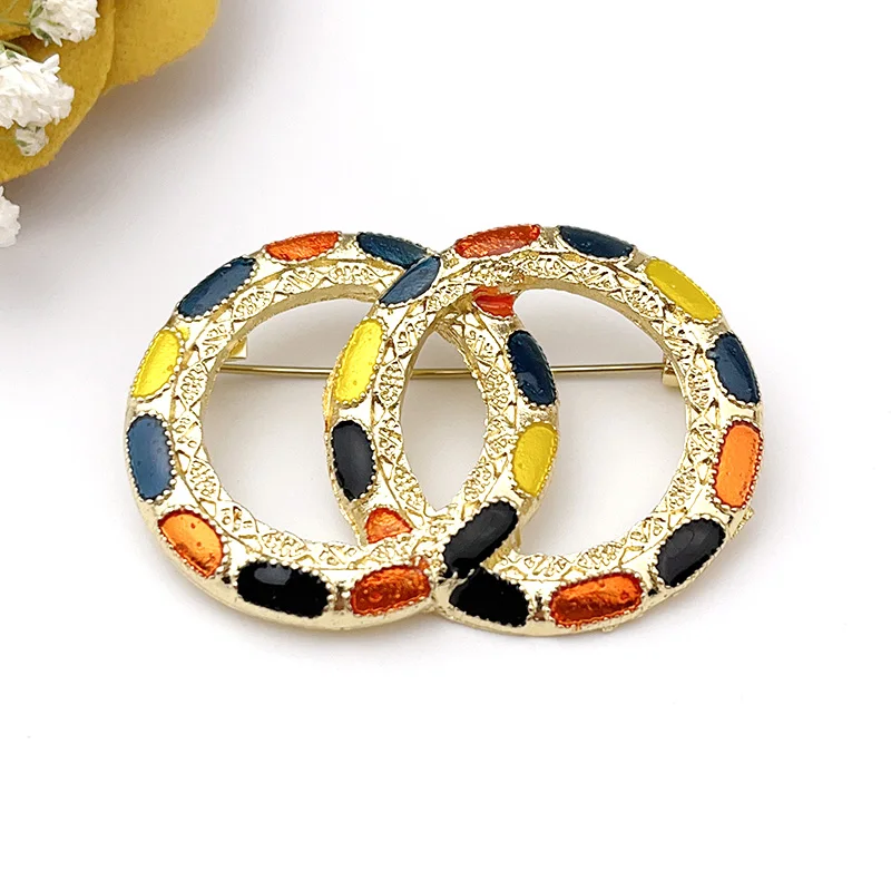 Trendy Design Pearl Colorful Enamel Double Circle Brooch Anti Slip Metal Ring Pins Women Summer Daily Colthes Button Accessories