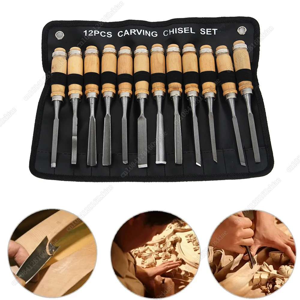 12Pcs/set Steel Wood Carving Hand Chisel Tool Set Woodworking Professional Lathe Gouges Construction An Carpentry Tools Durable