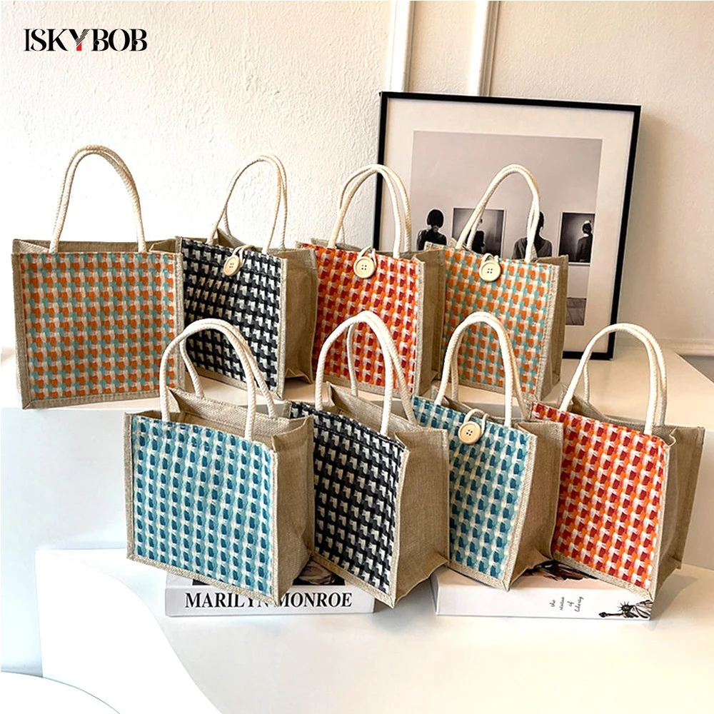 Women Woven Handbag Tote Bag Korean Style Ladies Button Handheld Linen Bag Button/Zipper Handheld Linen Bag Small Shopping Bag