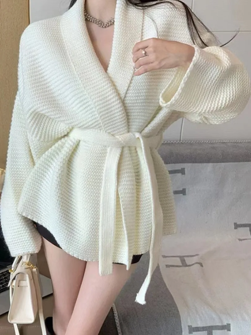 

Мягкий уютный женский вязаный открытый кардиган, весенне-осенний свободный свитер средней длины с завязками на талии, пальто V-Ne Long Sve