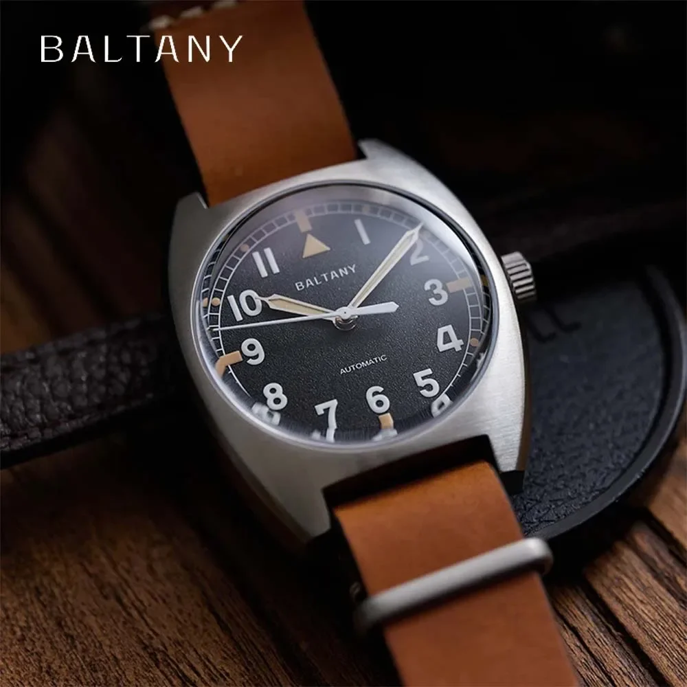 BALTANY 2024 Retro Military Pilot Mechanical watches for men NH35 Movement Calendar Dial Luminous Waterproof Leather watch