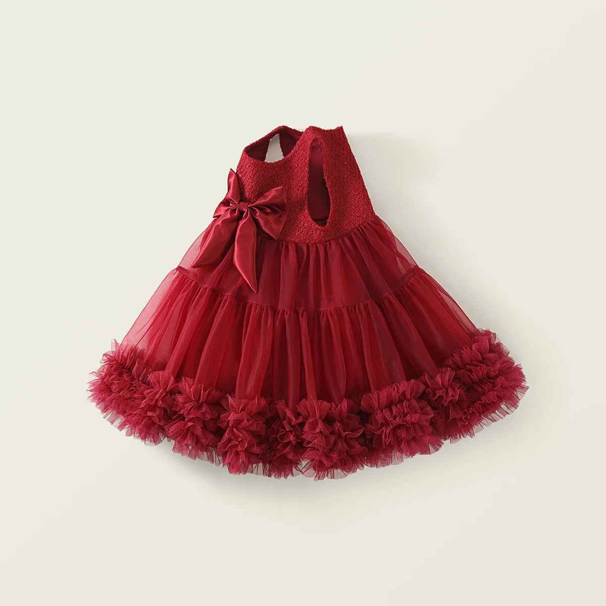 Girl's Red Mesh Dress 2025 Autumn New Christmas and New Year Style Sweet Butterfly Knot Sleeveless Tank Top Dress for Baby Girls