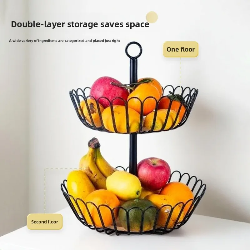 

Kitchen double-layer fruit basket removable wooden bottom fruit plate hand basket living room wrought iron candy snack plate