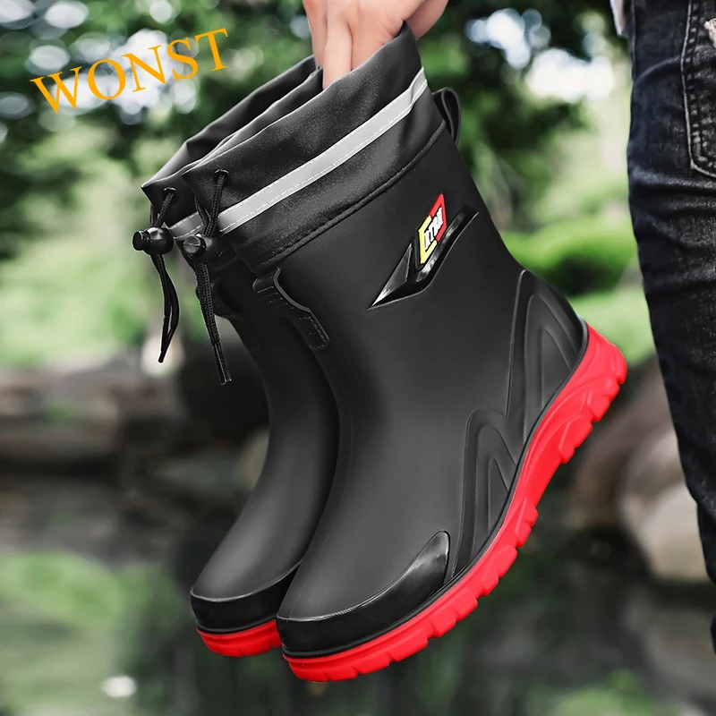 WONST Men's Ankle High Thickened Fleece Lined Rain Boots Anti-slip Waterproof Fishing Work Shoes Wear Resistant Warm Water Shoes