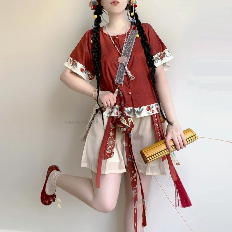 chinese-hanfu-women's-summer-round-neck-short-sleeve-top-and-han-element-shorts-daily-set-girl-cosplay-hanfu-dress-set