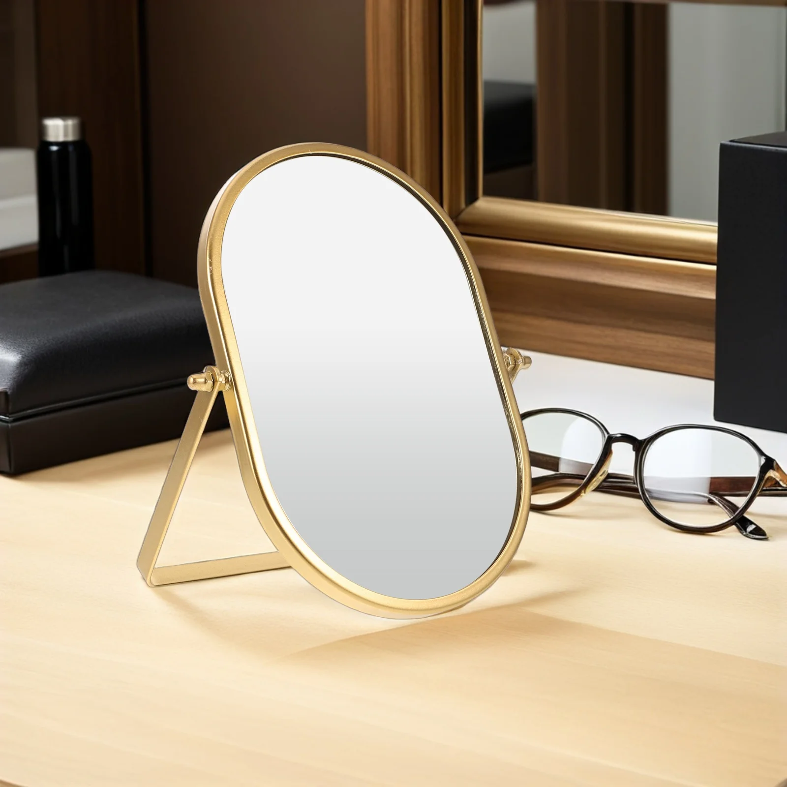 楕円形テーブルミラー ゴールドフレーム 360度回転 コンパクト折りたたみ式化粧鏡 バニティデスク 小型装飾折りたたみ式デスクミラー