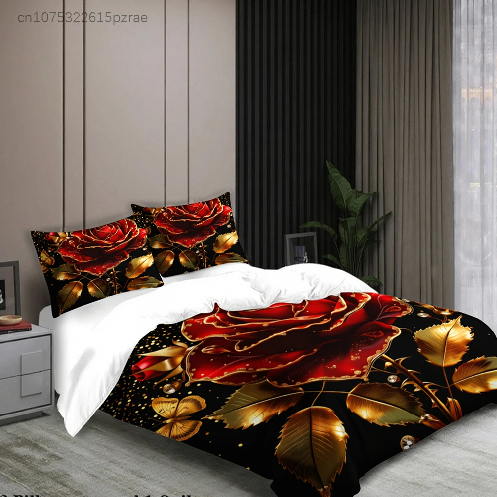 Rose Gold Floral Bedding Set Black Red Rose And Golden Leaves Print Bedding With Duvet Cover Pillowcases For Bedroom Decor