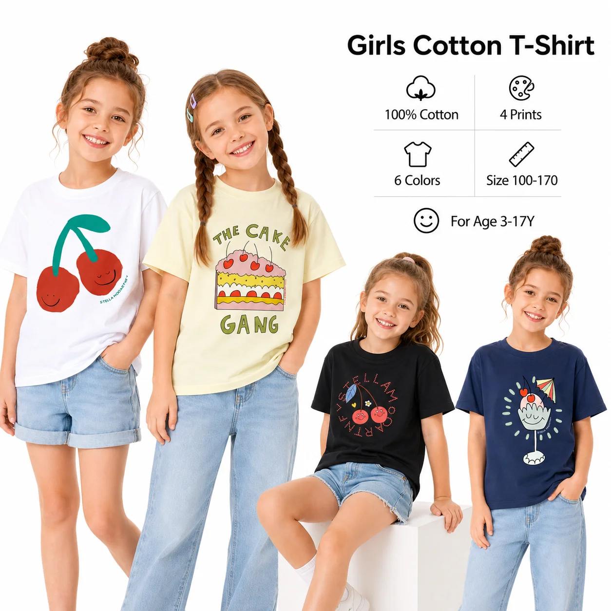 Cute Cherry T-shirt Girls summer clothes fashion cake ice cream kids t shirt %100 cotton top Vacation casual child short sleeves