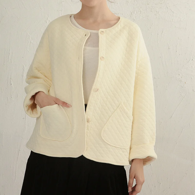 Autumn New Round Neck Jacket Long Sleeve Rhombus Padded Cotton Double-sided Cotton-padded Coat Niche Original Coat