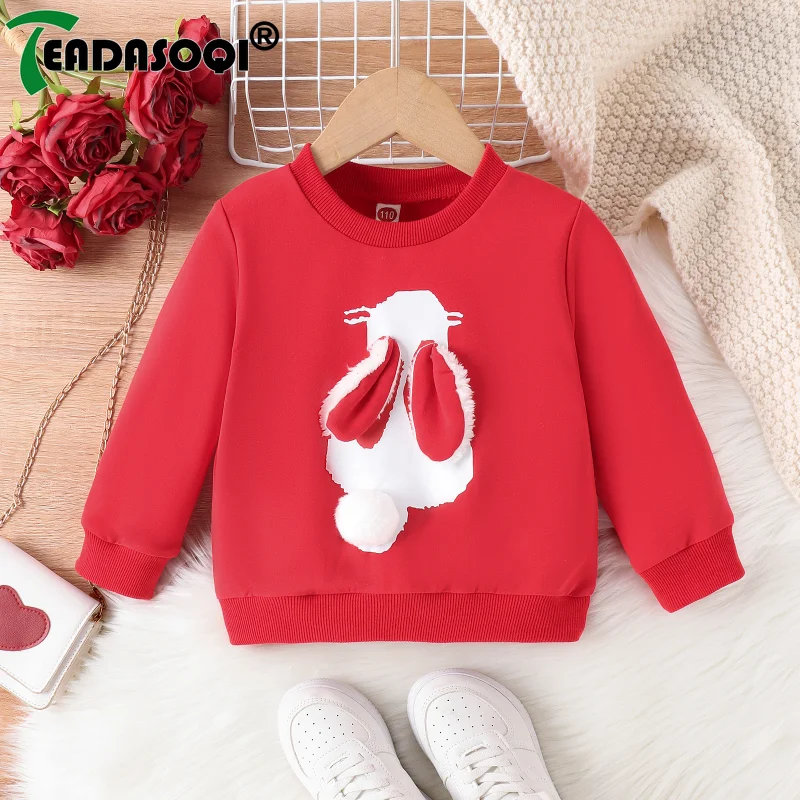 3-8Y Girls Kids Sweatshirt Easter Clothing Spring Autumn Cartoon Rabbit Casual Sports Threaded Long Sleeve Pullover Red Top