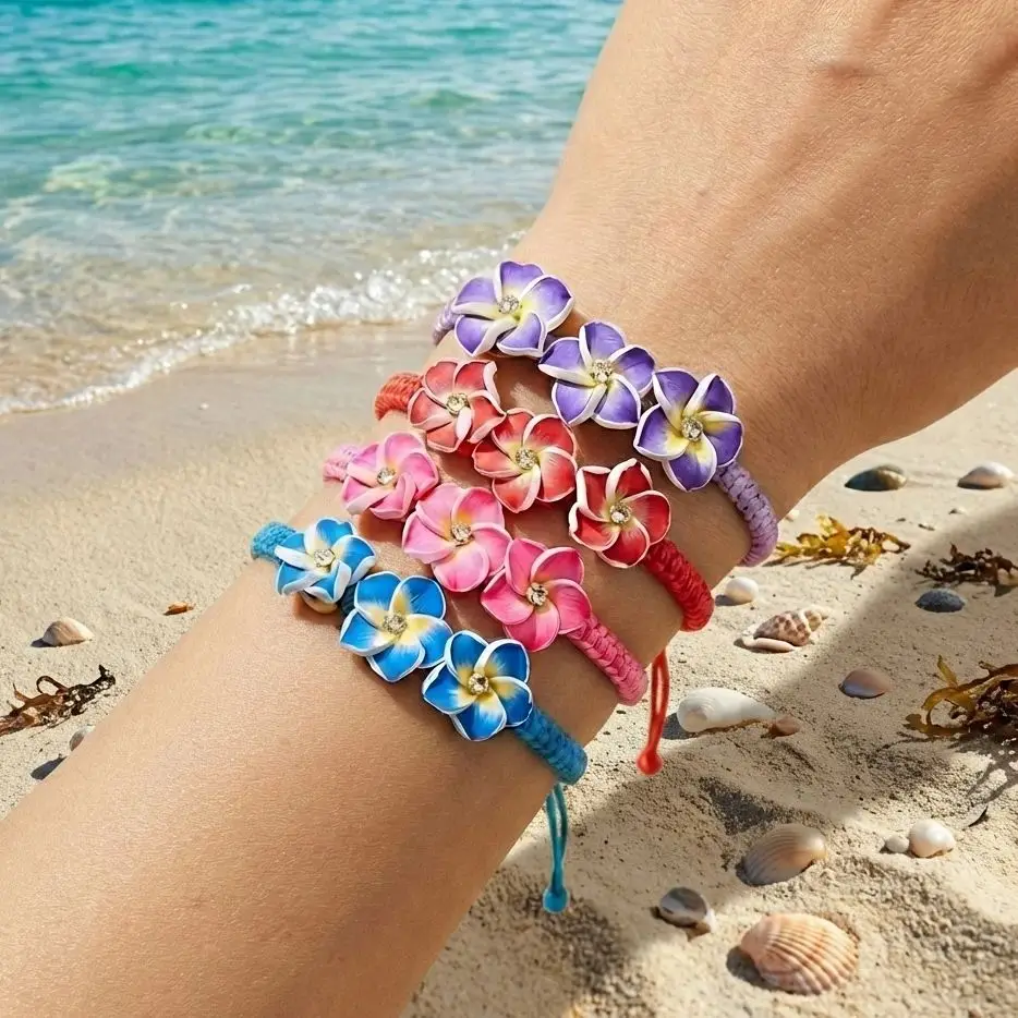 Boho Hawaiian Flower Bracelet for Women Polymer Clay Beaded Braid Rope Bangle Summer Beach Vacation Jewelry Best Friend Gifts