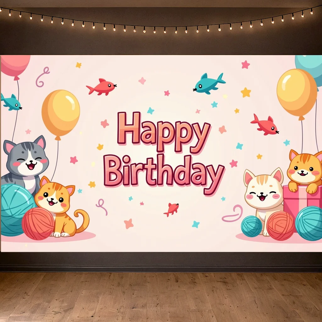 Happy Birthday Cat Theme Backdrop Banner for Kids Party Decoration Background Photo Shoot Playroom Decoration Party Supplies