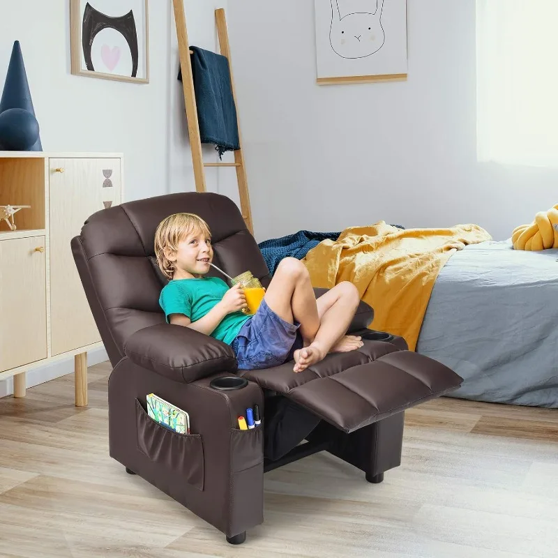 Kids Recliner Chair with Cup Holder, Adjustable Leather Lounge Chair w/Footrest & Side Pockets for Children Boys Girls Room