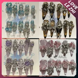 Diy Customg 3D Diamond Flower Handmade Nails Purple Butterfly Metallic Snowflake Transparent Pearl Reusable Full Cover Nails