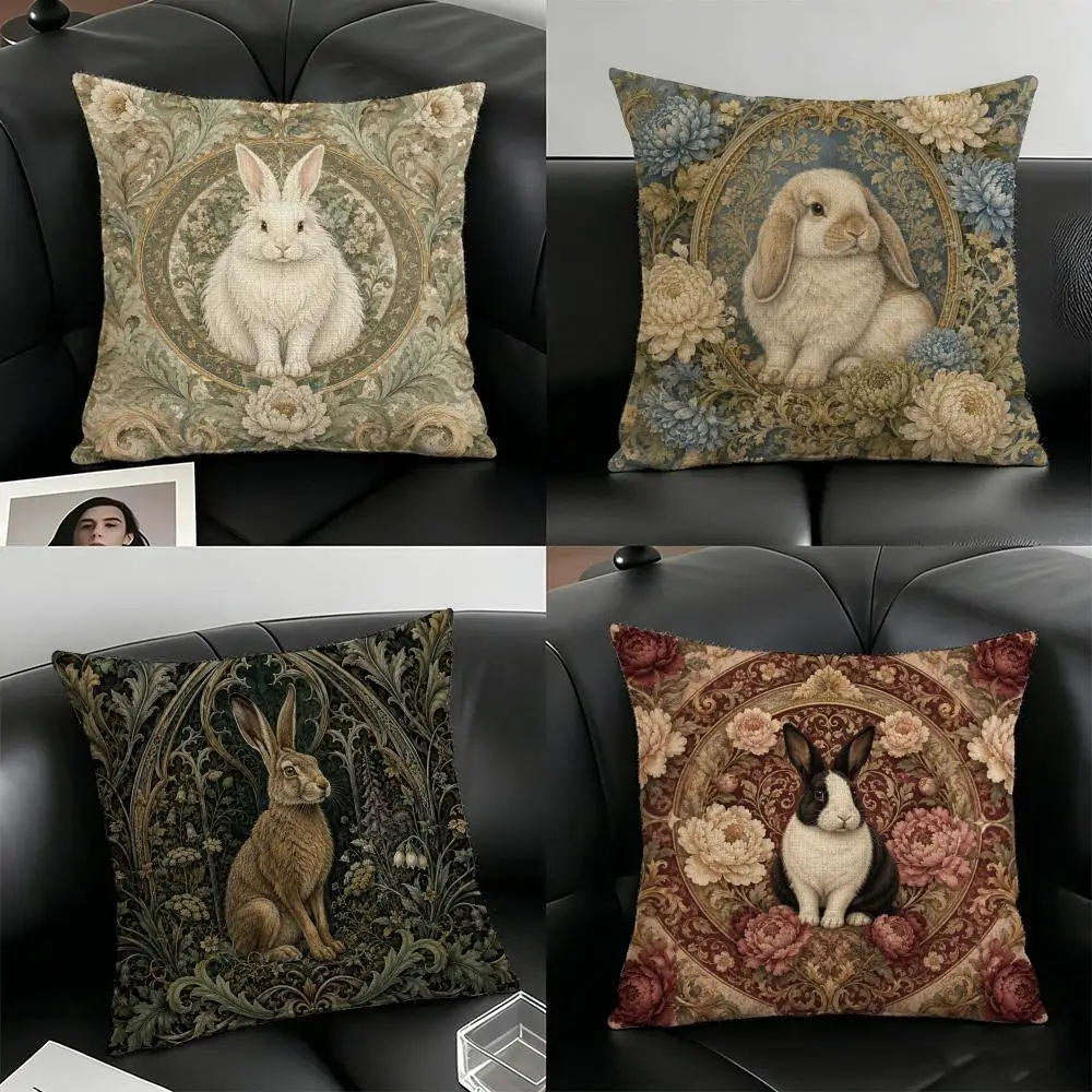 Rabbit William Morris Cushion Cover Natural Linen Organic Fabric Double-Sided Printing Breathable For Home Decor
