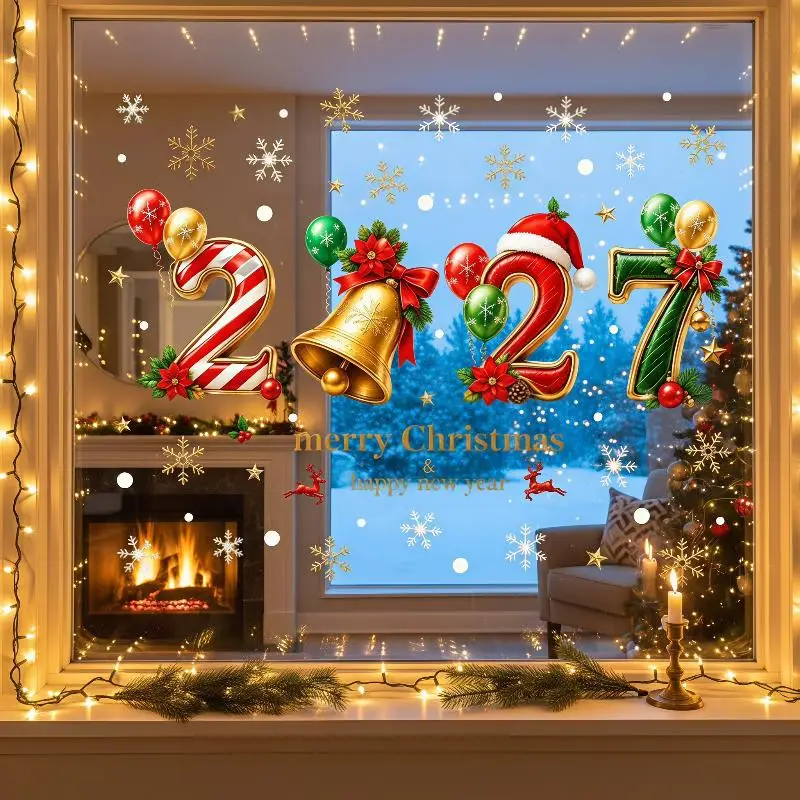 2027 New Year Christmas Static Cling Window Stickers Gingerbread Number Decals Snowman Snowflake PVC Cling Glass Decoration