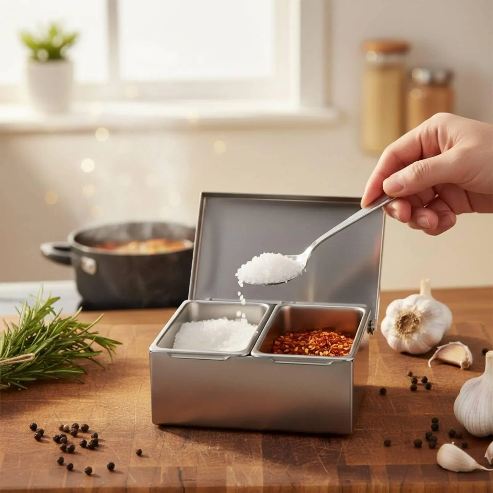 Kitchen Condimenters Organizer Stainless Steel Casing with Hinged Lid for Spice Storage and Easy Refill