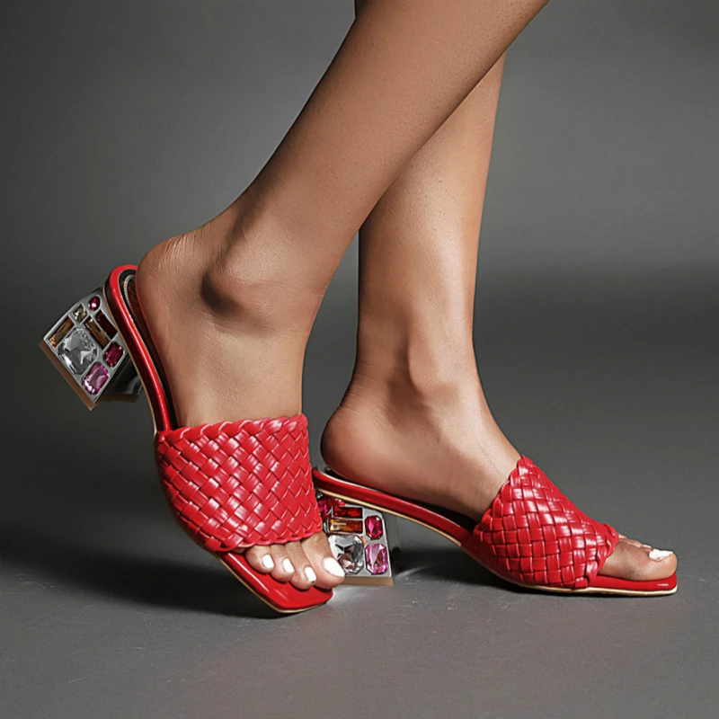 Comfort Summer Slipper Women Mules Shoes Outdoor Luxury Crystal Sandal Low Heels Casual Knitted Beach Footwear Shoes Large Size