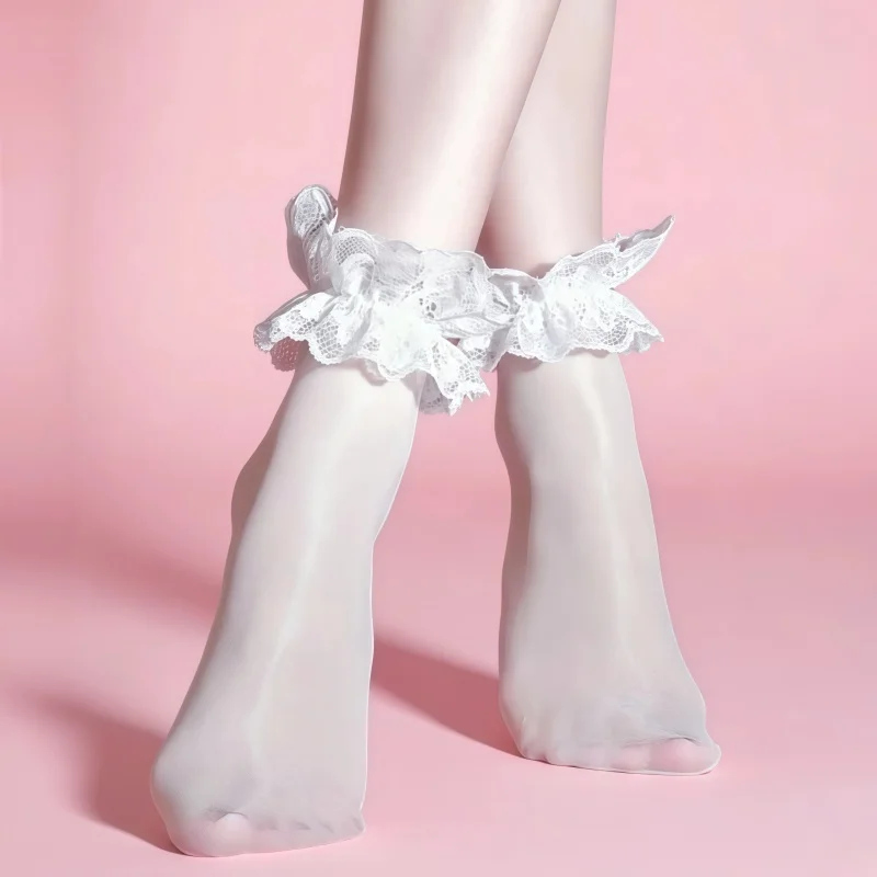 Lolita White Socks Aurora Series Lace Edge Oil Shiny Princess Socks For Girls Summer Cute Foot Shaped Ankle Socks Party Wear