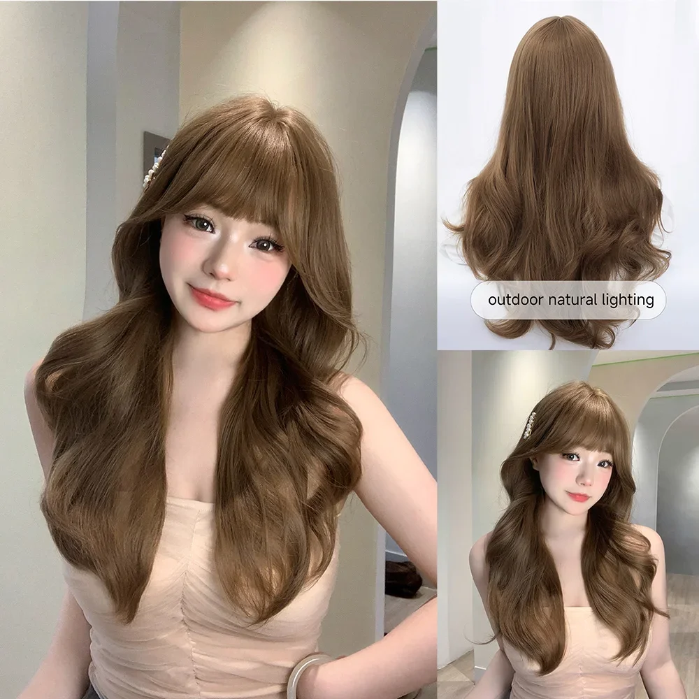 24Inch Honey Brown Pretty Lolita Synthetic Wigs With Bang Medium Natural Wavy Hair Wig for Women Daily Use Heat Resistant Shiny