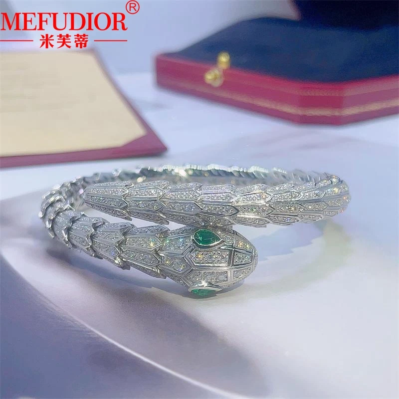 925 Sterling Silver Snake Women Bracelet Full Moissanite Diamonds Green Eye Scaly Serpent Bangle Couple Fashion Jewellry Gifts