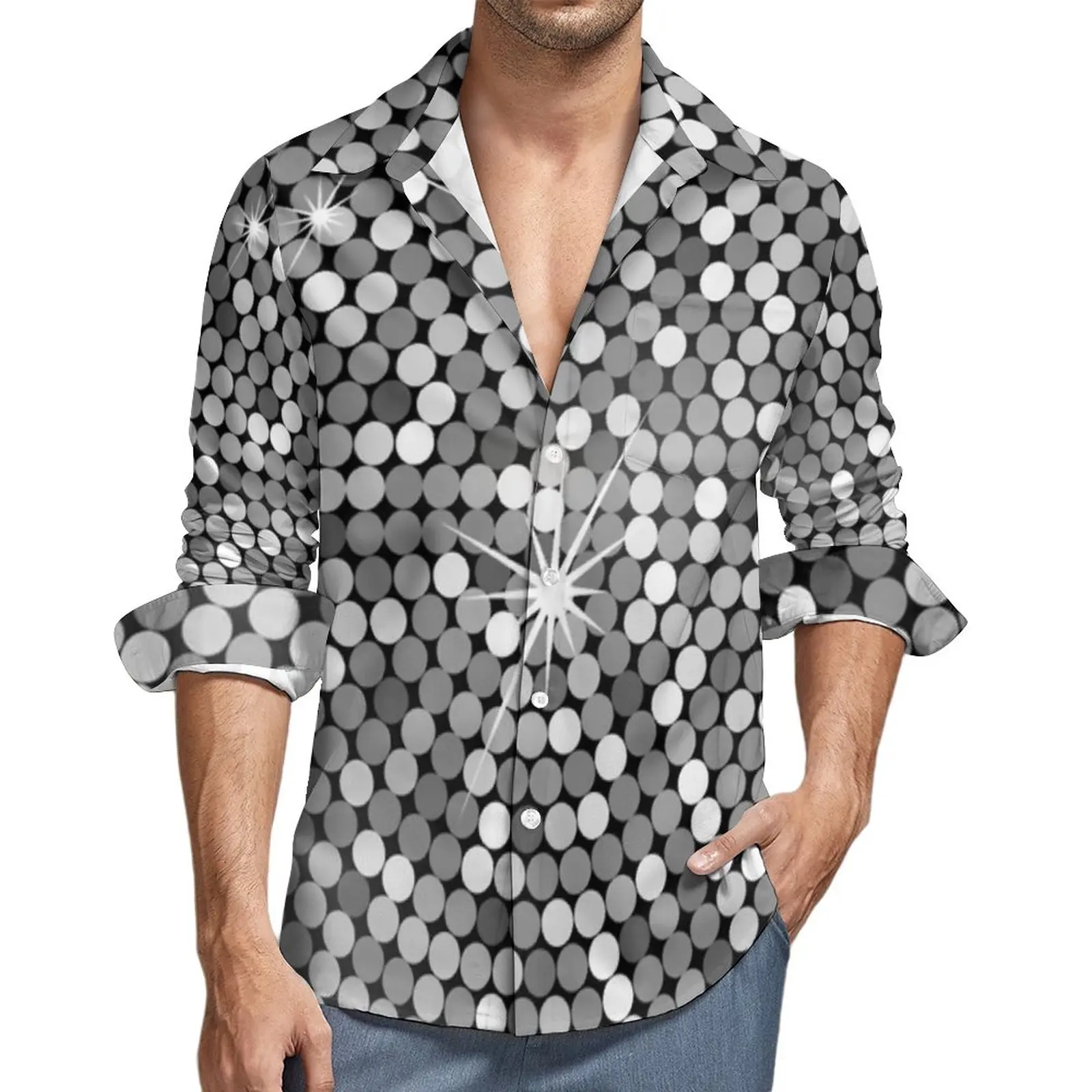 

Silver Metallic Print Shirt Men Crystal Disco Ball Casual Shirts Autumn Y2K Graphic Blouses Long Sleeve Cool Oversize Clothing