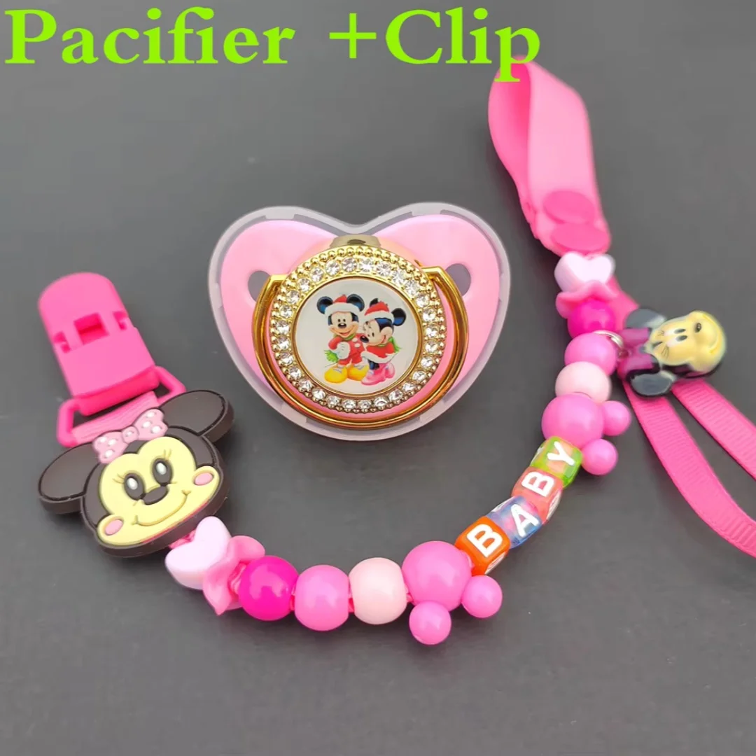 [Baby Pacifier Custom clip] Christmas Holiday Mickey Mouse shiny Fake Pacifier Clip Baby Teething Lollipop Rhinestone Cute baby