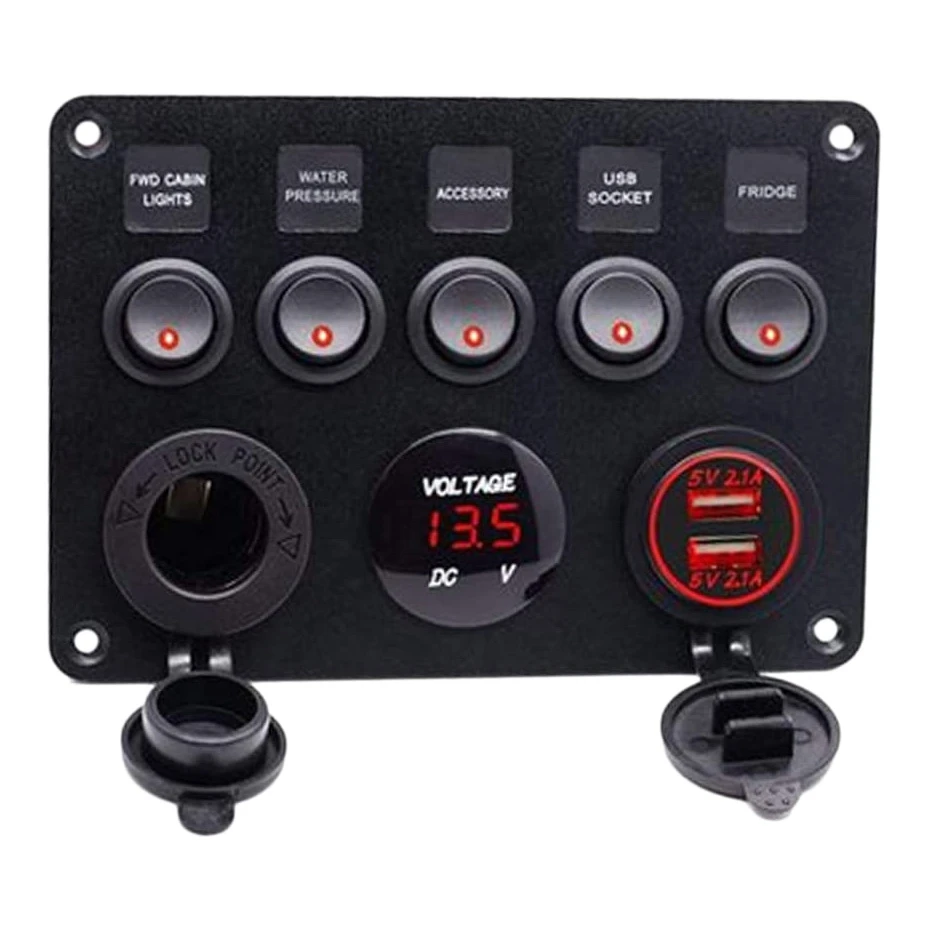 

5 Gang Rocker Switch Panel with Digital Voltmeter+12V Power Socket +Double USB Power Charger Adapter Waterproof Red LED