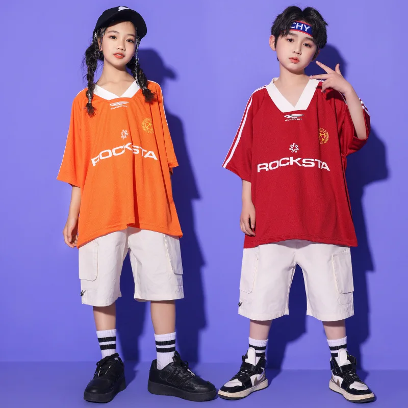 Costume de danse de rue Hip Hop pour garçons et filles, t-shirts de sport à manches courtes, shorts beiges, vêtements de danse jazz pour adolescents, 6 ans, 8 ans, 10 ans, été