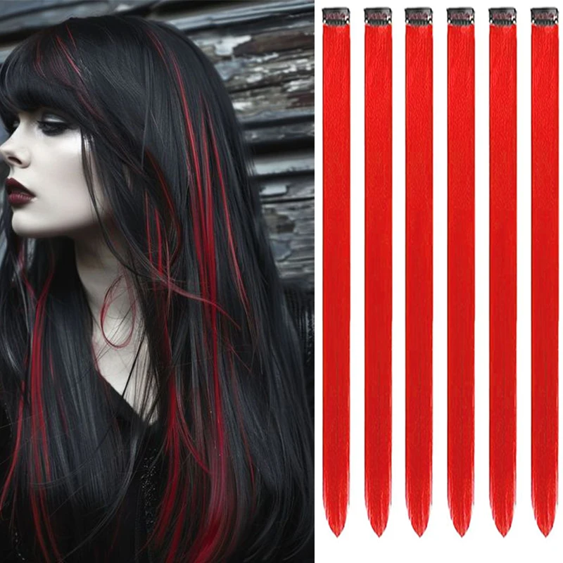 

22 inch Colored Hair Extensions Straight Hairpiece 6pcs Colorful Hair Party Highlights Clip in Long Synthetic for Girls Women