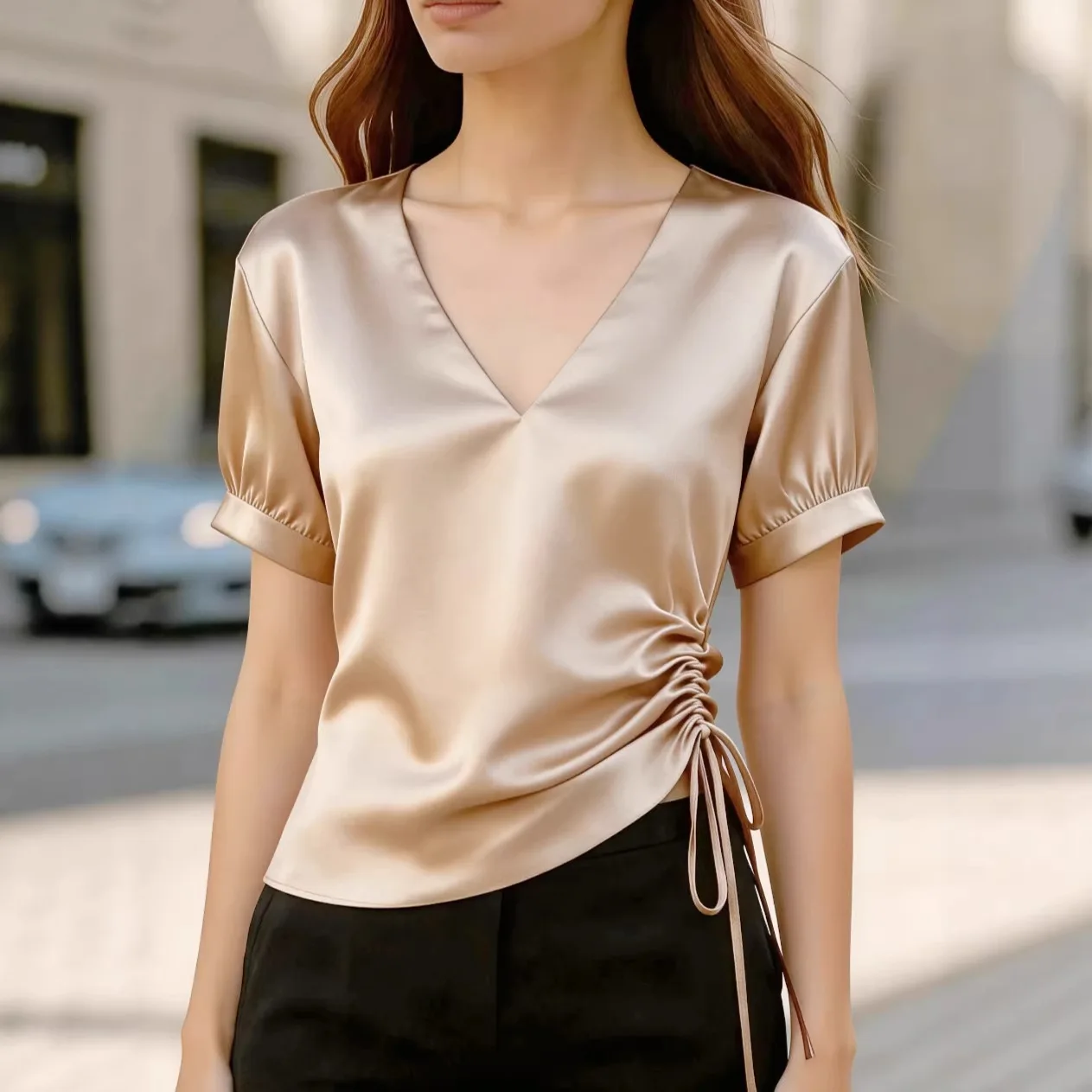 Women V Neck Puff Short Sleeve Satin Blouse Side Drawstring Ruched Slim Fit Elegant Formal Business Office Commuter Crop Top
