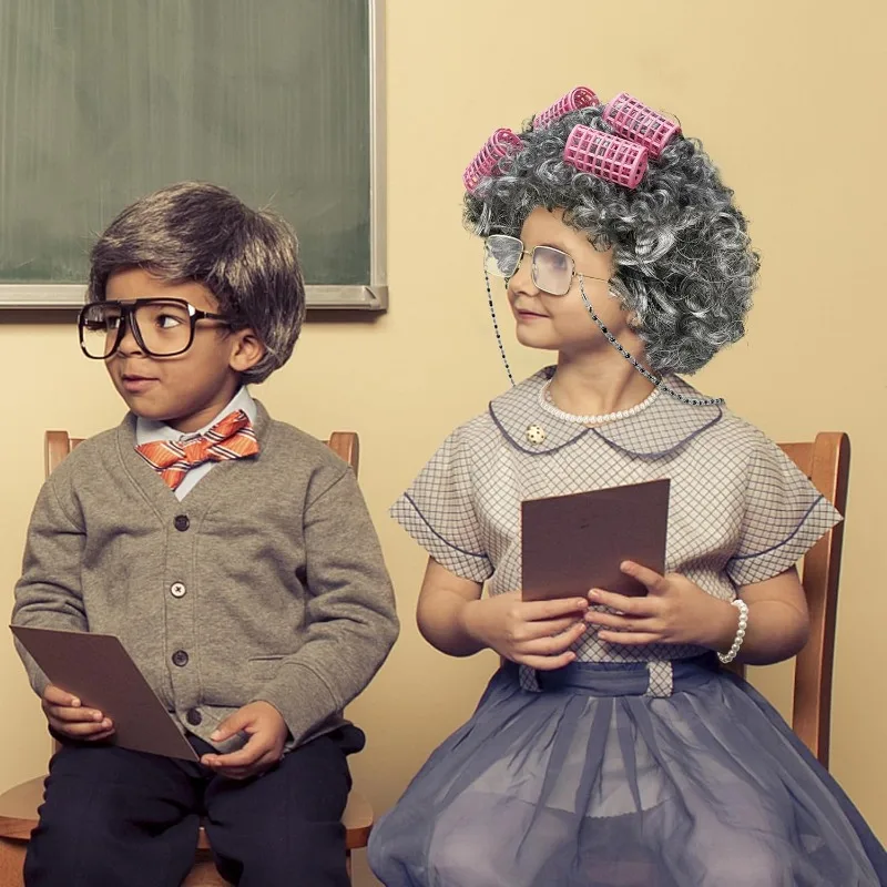 Costume da Vecchia Signora per Bambine, Costume per 100 Giorni di Scuola per Bambini, Parrucca da Vecchia Signora, Occhiali, Cappello, Collana, Braccialetto e Accessori