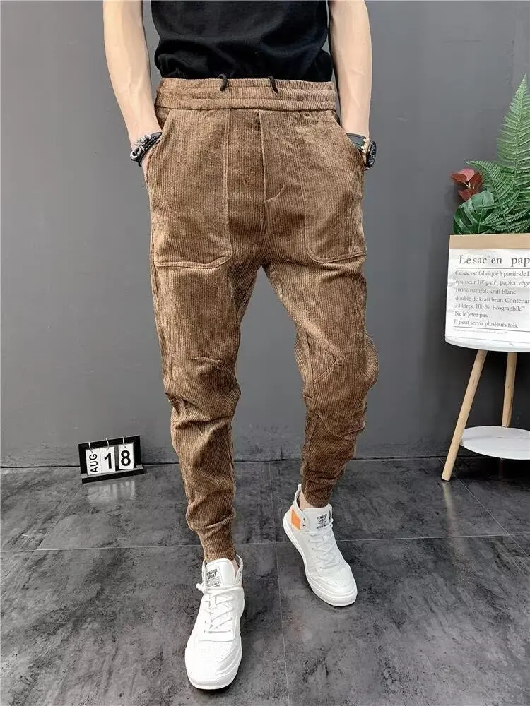 Moletom de veludo forrado de lã masculino, calça casual Slims, calça harém na moda, calça de jogging Rib Leg, calça Y2K